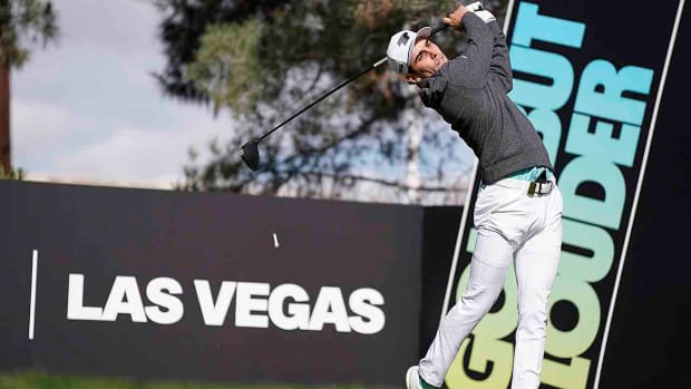 Joaquin Niemann plays his shot from the 13th tee during the first round of the 2024 LIV Golf Las Vegas tournament at Las Vegas Country Club.